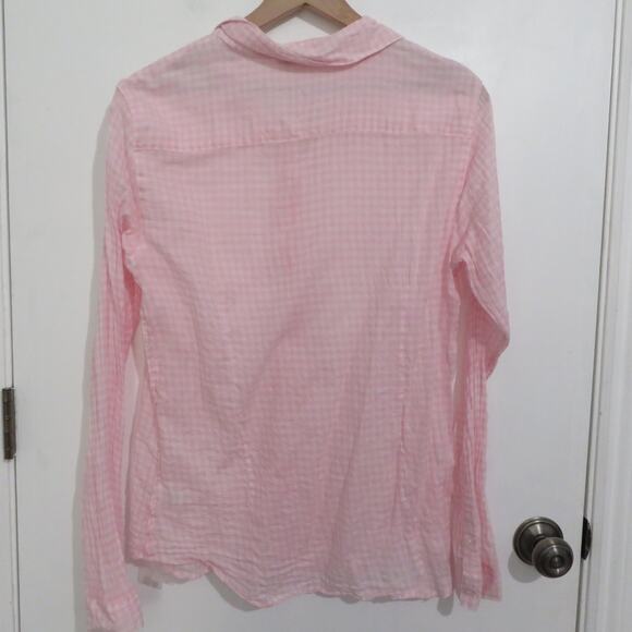 Garnet Hill Women 16 Pink White Gingham Checkered Button Front Long Sleeve Top - Picture 2 of 8